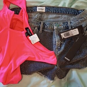 Rare HudsonMetal Studs Jean Shorts ANDNeon Pink Top Both NWT 31 MSRP $255